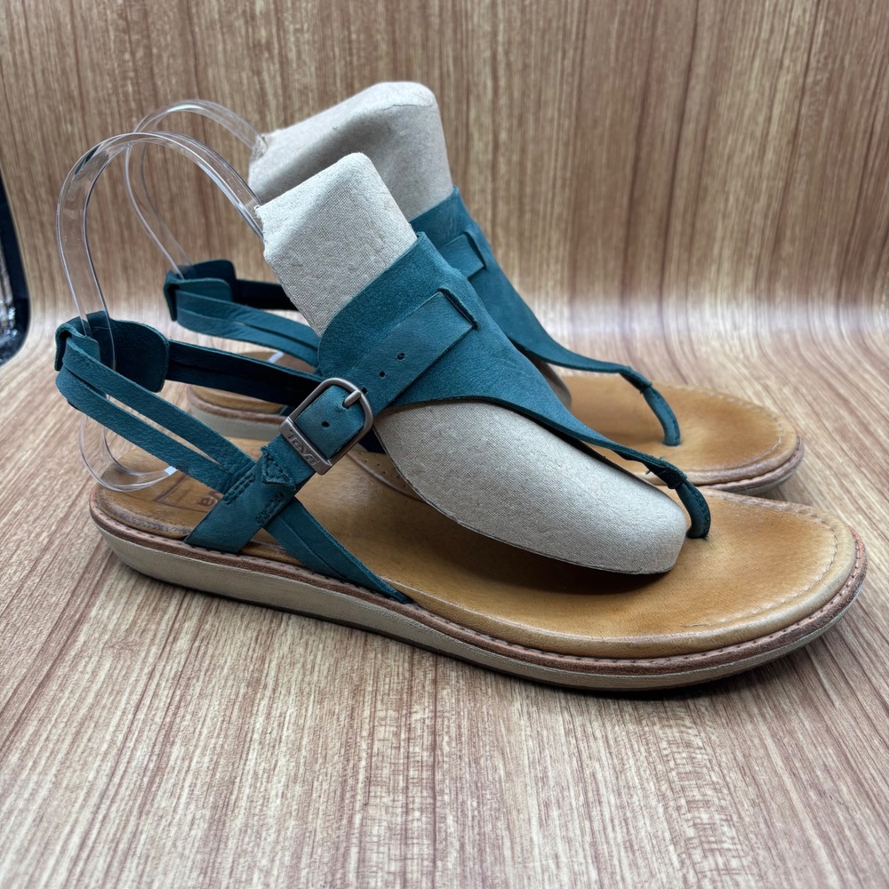 Teva Encanta Sandal Green Leather Women 11 Strappy Thong Buckle 1091190